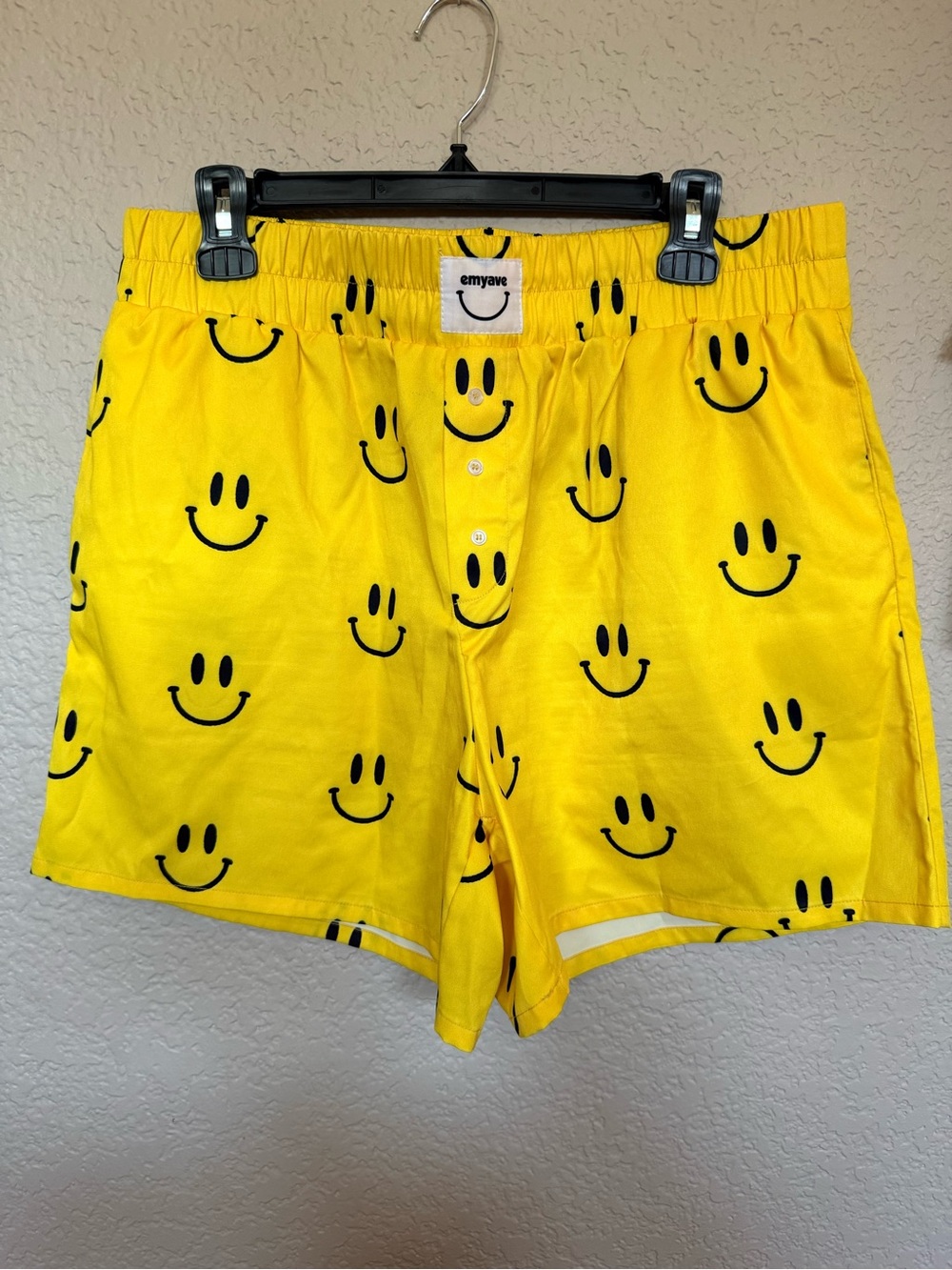 LIKE NEW EMY AVE SMILEY PRINT SHORTS, YELLOW, L/XL